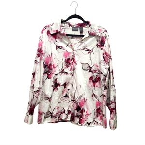Additions Chicos Size XL White Pink Floral Long Sleeve V-Neck Button Up Blouse